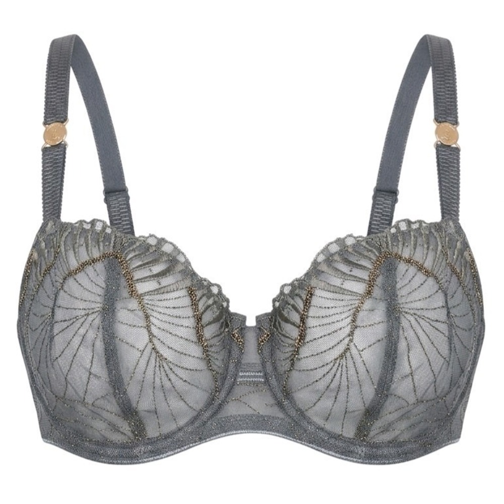 Chantelle Mouvance Demi Bra 36D Denim Blue Sheer Lace Embroidered Metallic Gold